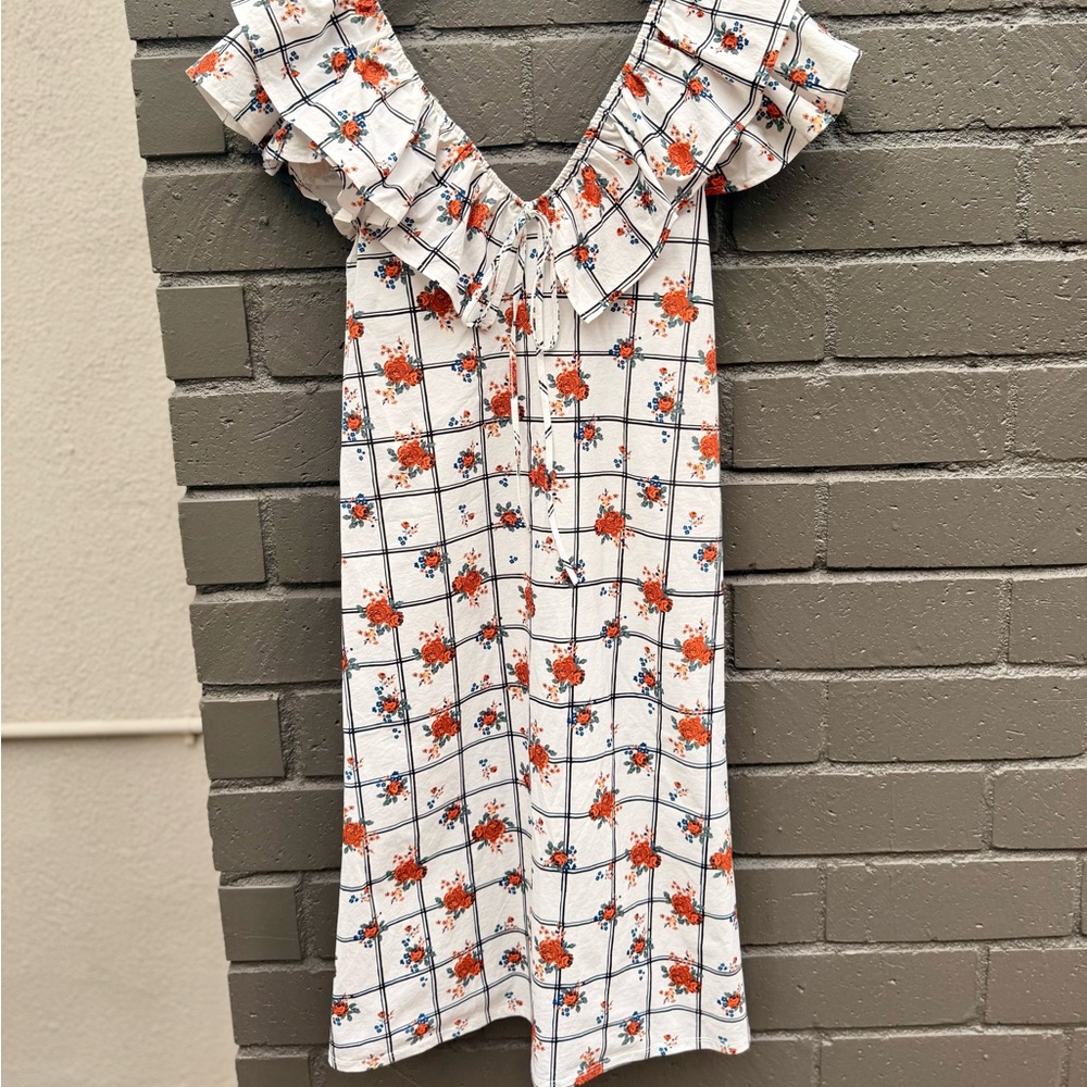 Zara White and Orange Floral Midi Dress